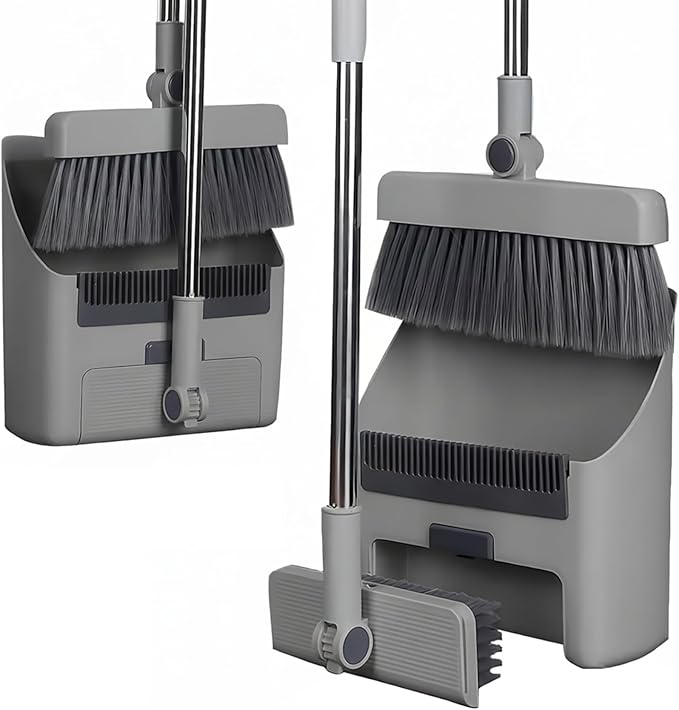 Broom Dustpan 3-in-1 90° Stand up Heavy Duty Dust Pan and Broom Set with Long Handle 180° Rotation for Indoor & Outdoor Sweeping