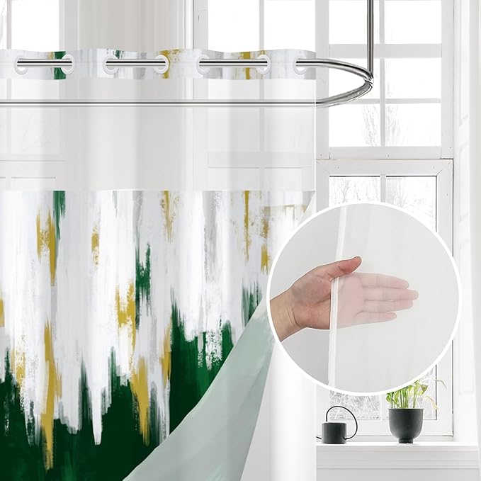 No Hook Shower Curtain with Snap in Liner, Hotel Style Dark Green White Gold Brush Strokes Art Modern Shower Curtain Waterpoof Washable with See Through Top Window,71"x86"
