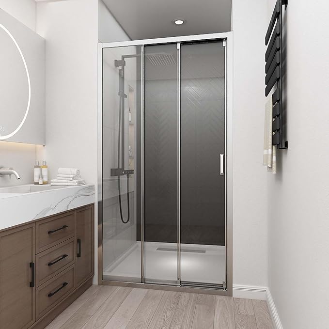 42" W x 78" H 3-Panels Sliding Shower Door, Shower Door Clear 6mm Tempered Glass with Chrome Frame, 3-Panels Sliding Shower Easy to Clean,Three-Panel Synchronized Shower Sliding Door