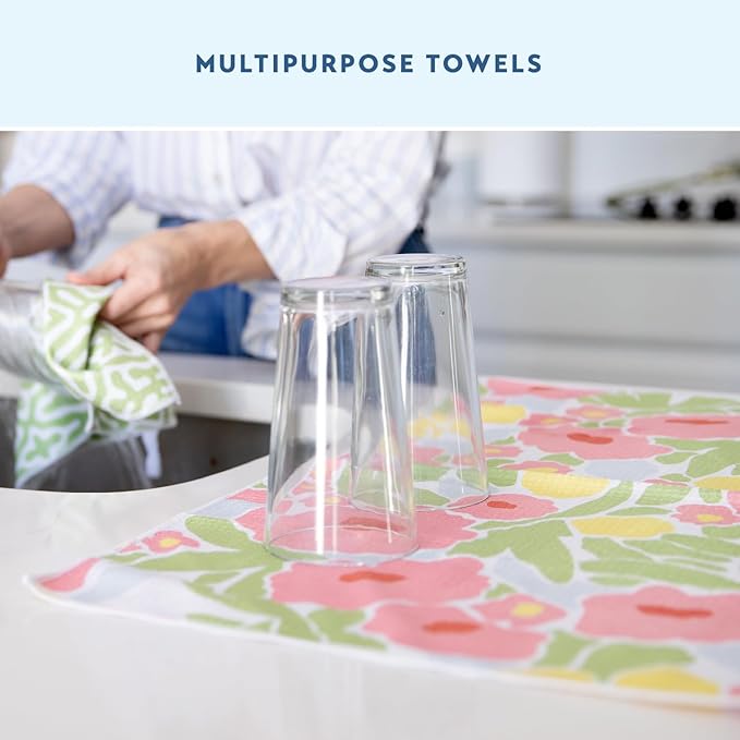 ELYN Microfiber Kitchen Dish Towel Set, Quick-Dry & Absorbent Waffle Weave Cleaning Towels, Set of 4 Kitchen Towels, Paper Towels Alternative (Oranges & Gingham)