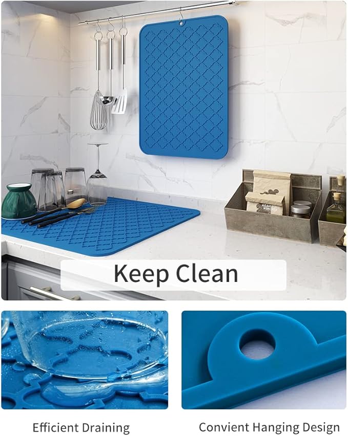 AMOAMI-Dish Drying Mats for Kitchen Counter-Silicone Dish Drying Mat-Kitchen Dish Drying Pad Heat Resistant Mat-Kitchen Gadgets Kitchen Accessories Kitchen Small Appliances(12" x 16", BLUE)