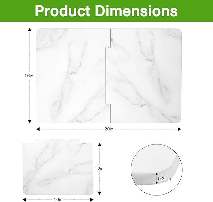 Luxspire Dish Drying Mat for Kitchen Counter 24"x16", Fast-Absorbing Stone Drying Mat Non-Slip Stone Kitchen Drying Mat for Dishes, Cups Waterproof Counter Protector for Kitchen Bath, Marble White