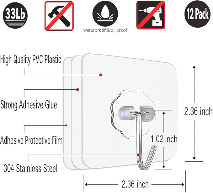 12 PCS Self Adhesive Hooks for Hanging - 33lb Max, Transparent Stick on Hooks for Coat & Towel - Sticky Hooks for Hanging Heavy Duty Picture, No Damage Wall Hook for Bathroom, Kitchen, Ceiling & Key