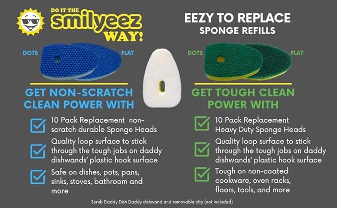 Smilyeez Green Heavy Duty Scrubbing Sponge Refill for use with The Dish Daddy (Reg. TM) Dishwand (10 Pack) Refill Head