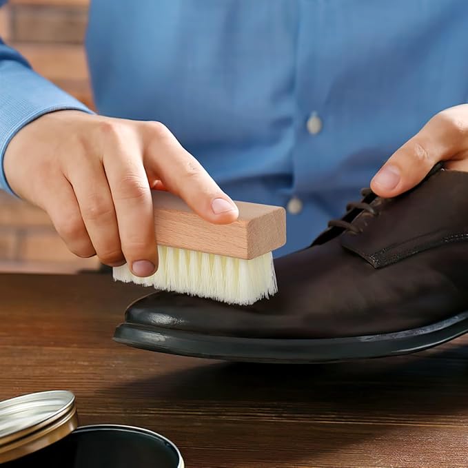 GLEAVI 4Pcs Shoe Cleaning Brush Set: Sturdy Wood Handle Soft Nylon Bristle Scrubbers, 3.7 Inch Portable Dirt Remover for Sneakers, Suede & Leather Boots