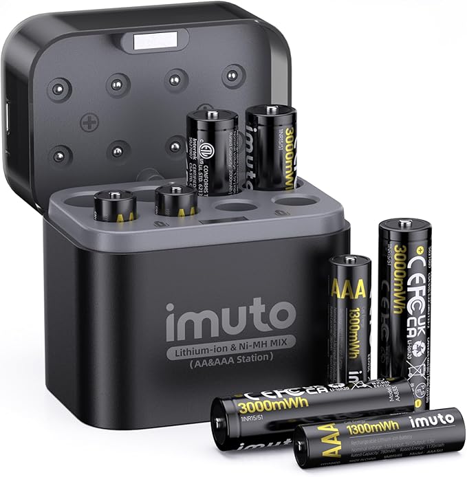 imuto Rechargeable Batteries 4 AA & 4 AAA Lithium with Charger, 1.5V Triple A & Double A Batteries, Long-Lasting Li-Ion Rechargeable Batteries Compatible with NiMH/Lithium Hybrid Charger