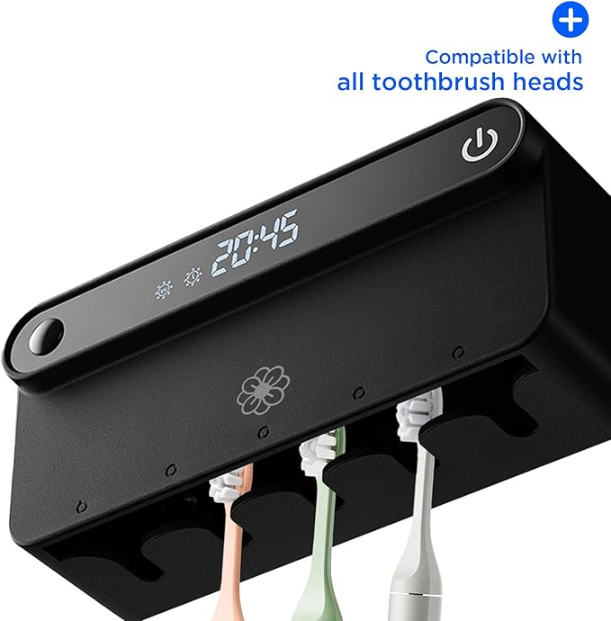 Bloom Toothbrush Sanitizer and Holder for Bathroom Walls, Strong 3M Adhesive, Time Display, Long-Lasting Charge, 5 Slots for Any Size Toothbrush, Black