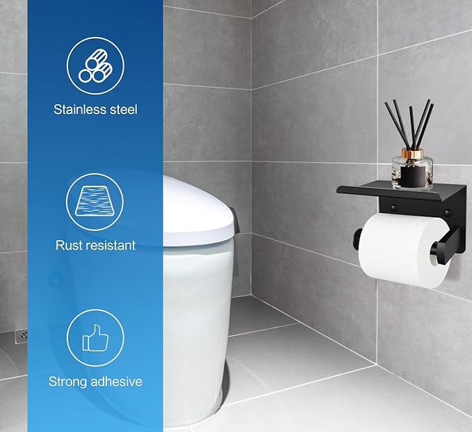 2pcs Matte Black Toilet Paper Holder with Shelf, Screw or Self Adhesive Toilet Paper Holder Wall Mount,
