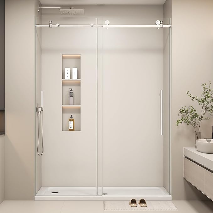 55-60” W x 76" H Single Sliding Shower Door, Frameless Shower Door with Explosion-Proof Film and Nano Coating, 1/4” (6MM) SGCC Tempered Glass, Stainless Steel Hardware, Chrome