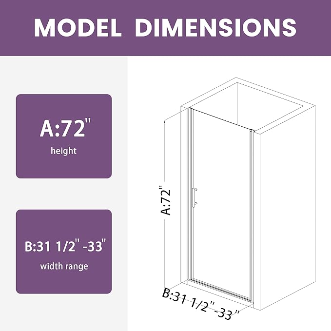 Glass Shower Door 31.5-33" W x 72" H, UCALAFEE Frameless Pivot Shower Door with 1/4" (6mm) SGCC Clear Tempered Glass, Waterproof Seal, Easy Clean & Anti-Fog Coating, Reversible Design, Matte Black