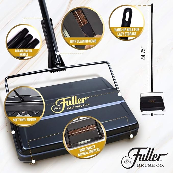 Fuller Brush Electrostatic Carpet & Floor Sweeper with Additional Rubber Rotor - 9" Cleaning Path - Lightweight - Ideal for Crumby & Wet Messes (Black + Rubber Rotor)