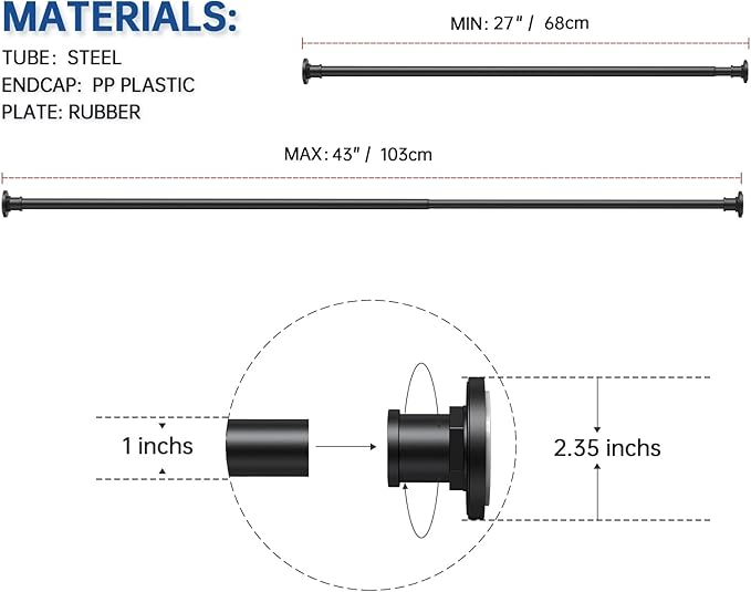 BRIOFOX Industrial Shower Curtain Rod - 2-in-1 Design Tension Curtain Rod - Rustproof Non-Slip 27 to 43 Inch Stainless Steel, Matte Black Window Curtain Rod
