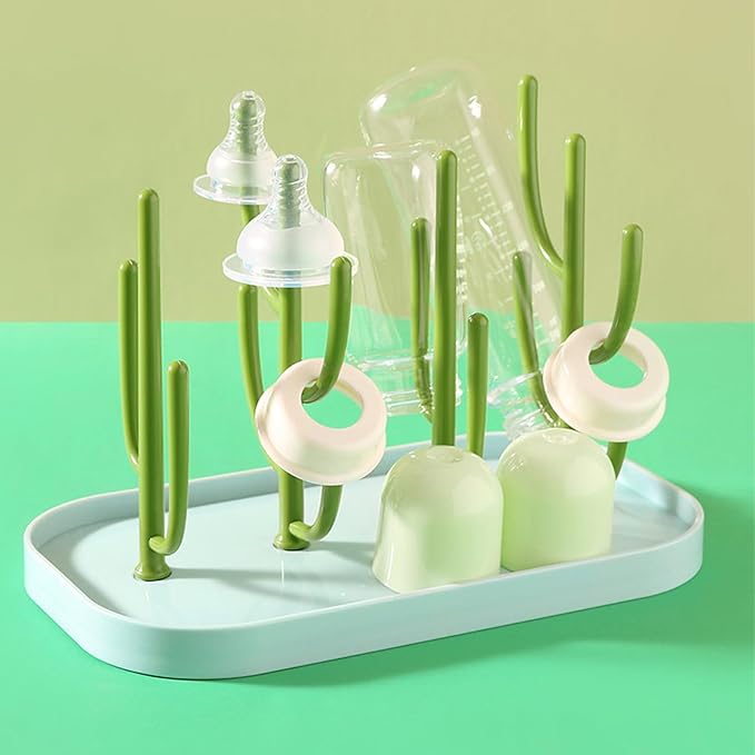 FEOOWV Baby Bottle Drying Rack with Base, Creative Tree Branch Baby Bottle Dryer Holder for Bottles, Teats, Cups, Pump Parts and Accessories (Green)