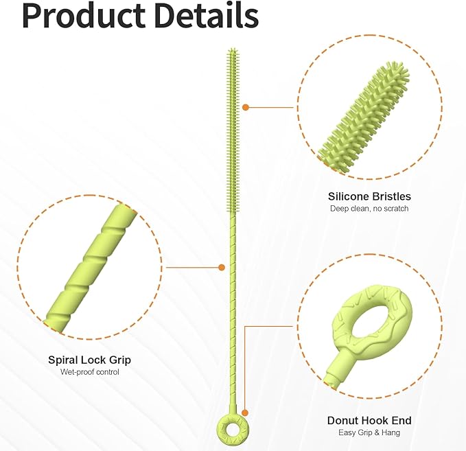 2Pcs Silicone Straw Cleaner Brush, Dual-Size Brushes (6mm Slim & 9mm Wide), Clean for Reusable Straws, Cups and Tumblers, Durable & Eco-Friendly, Green