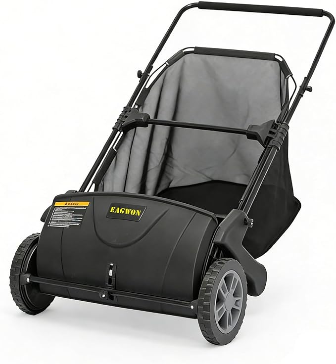 Push Lawn Sweeper, 21-Inch Width, 3.5 Cu. Ft. Hopper Capacity, 4 Spinning Brushes, Adjustable Height, Durable Steel Frame with Rubber Wheels, Black