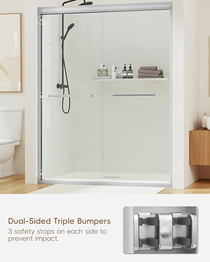 Shower Door 56-60'' W x 72'' H Semi-Frameless & Double Sliding, 1/4 inch (6mm) Thickness Clear Tempered Glass for Walk-in Shower,Brushed Nickel
