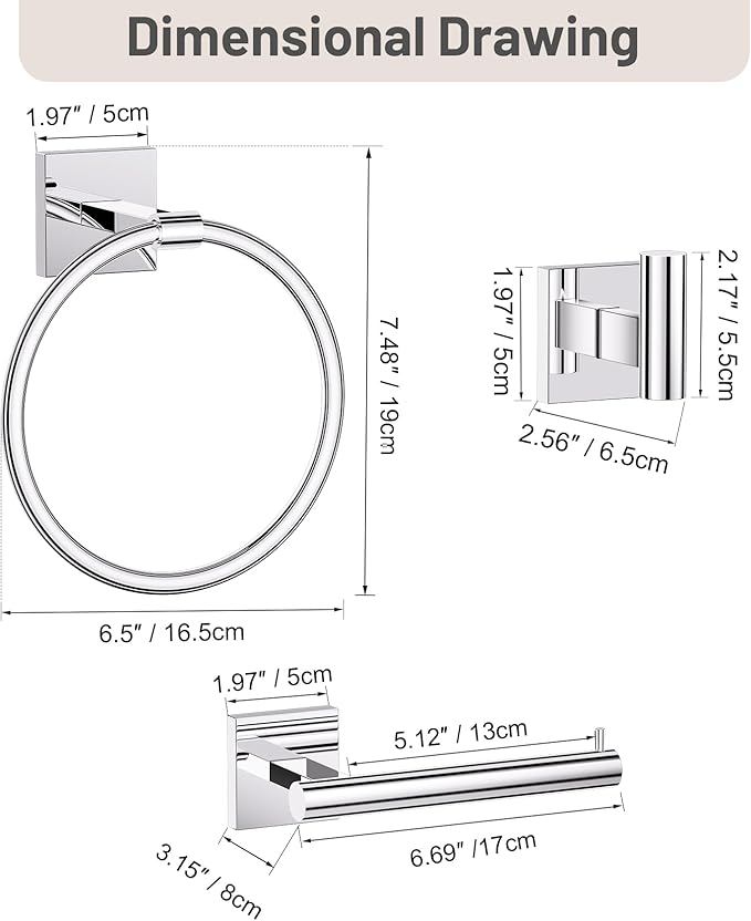 Towel Ring Set 4 Piece Bathroom Hardware Set Includes Towel Ring 2 Towel Hooks and Toilet Paper Holder Stainless Steel Wall Mounted (Polished Chrome)