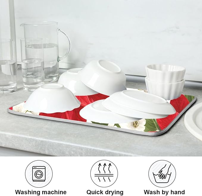 Red Poinsettias with Holly Dish Drying Mat for Kitchen Counter Super Absorbent Drying Mat 16x18 inch Large Dish Drying Matts for Countertop Protector Dishes Pad