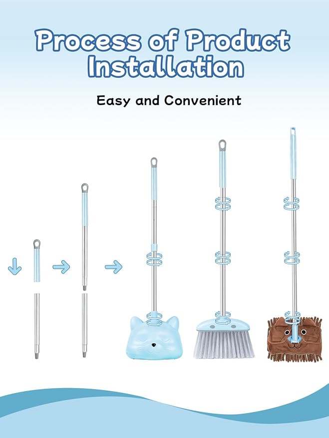 Kids Cleaning Toy 3-Piece Set - Broom, Dustpan & Mop | 28-Inch Mini Broom, Toddler Household Helper, Perfect Tool for Cleaning Tiny Corners, Adorable Cartoon Style (Blue)