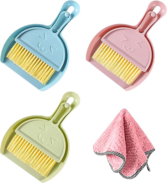 3 Pcs Mini Broom and Dustpan Set with Pink Towel, Small Brush Handheld Broom, Hangable Dustpan for Cleaning Tables, Sofas, Cars, Keyboards, Kitchen Countertops