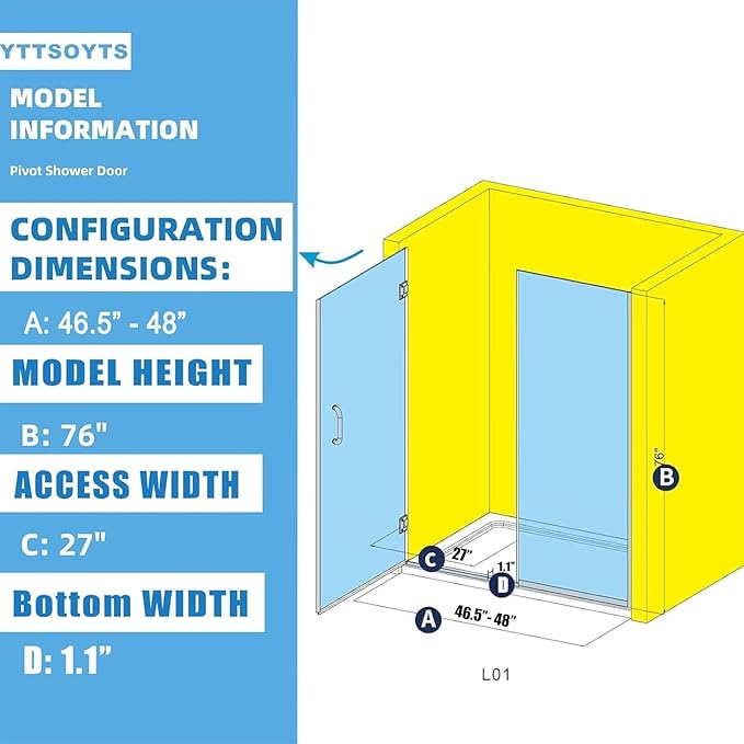 Pivot Shower Door, Adjustable Width 48" W x 76" H Hinged Shower Glass Door with 3/8" (10mm) Clear SGCC Tempered Glass with Nano Easy-Clean Coating, L01 Matte Black