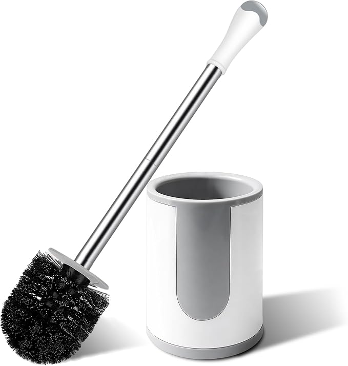 Toilet Brush, Compact Toilet Bowl Brush and Holder, Stainless Steel Handle, Toilet Cleaner Brush Deep Cleaning for Bathroom, Easy to Assemble White & Grey ﻿