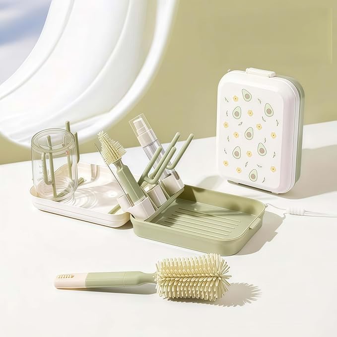8-in-1 Baby Bottle Brush Set, Silicone Baby Bottle Cleaning Kit with Drying Rack, Portable Travel Brush & Accessories for Home and Travel (Green)
