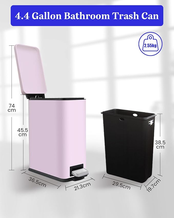 Bathroom Trash Can with Lid, 16.7L/ 4.4 Gallon Trash Can with Removable Inner Bucket, Soft Close lid, Stainless Steel Step Pedal Garbage Can for Bedroom, Kitchen, Home Office, Pink