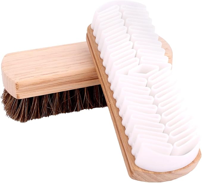 2pcs Horsehair & Rubber Shoe Brush Set, 2 Styles Boot Magic Eraser Cleaning Brush with Wood Handle Nubuck Cleaner Kit for Leather & Suede Shoes Boots