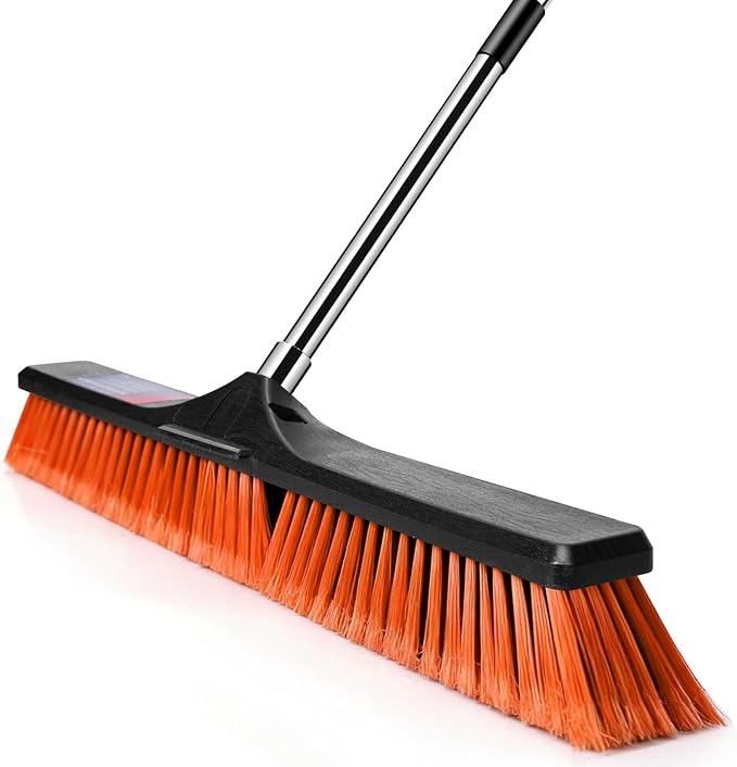 24" Push Broom, Heavy Duty Outdoor Commercial Broom for Cleaning with 55" Long Handle and Stiff Bristles, for Driveway Garage Yard Patio Warehouse Concrete Floor Cleaning,Orange