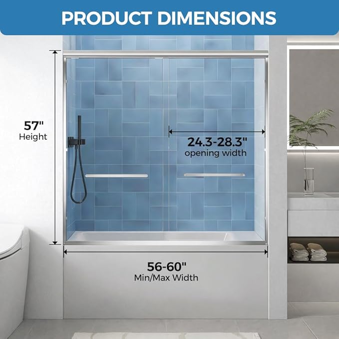 56-60" W x 57" H Semi-Frameless Bathtub Sliding Doors, 1/4"(6mm) Tempered Glass Double Sliding Shower Door for Bath Tub with Explosion-Proof Film and Easy to Clean, Chrome