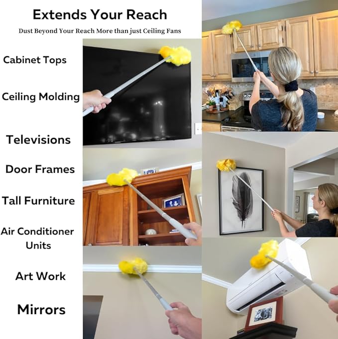 Evelots Ceiling Fan Blade Brush Cleaner - Long Extension Pole - Brush Both Sides at The Same Time - Scratch Resistant Microfiber Feather Cobweb Duster - Extra Long with Reach up to 9 Feet