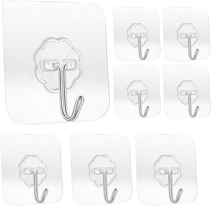 Heavy Duty Adhesive Hooks 33 lb(Max) 15KG,Waterproof and Oilproof Reusable Seamless Hooks Heavy Duty Wall Hook for Kitchen Bathroom Office (Transparent Small 8 pcs)