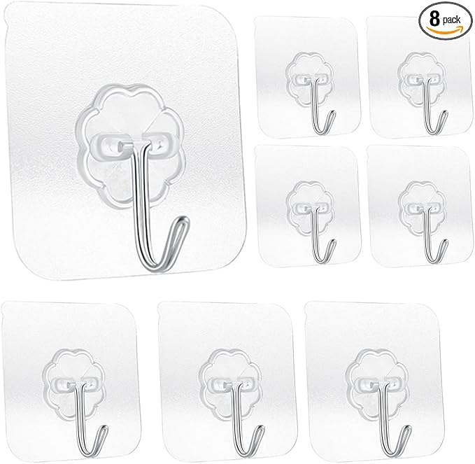 Transparent Adhesive Hooks 30 lb(Max), Waterproof and Oilproof Reusable Seamless Hooks, Heavy Duty Wall Hook for Kitchen Bathroom Office (8 Pack) Transparen