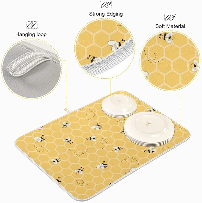 Funny Bees Honey Dish Drying Mat 18x24 for Kitchen Counter Yellow Bumblebee Beehive Dishes Pad Absorbent Fast Dry Dish Draining Mats Large Kitchen Accessories