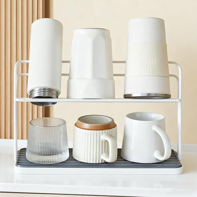 Bottle Drying Rack,Coffee Mug Holder with Drain Tray for Coffee Cup,Water Cup(White)