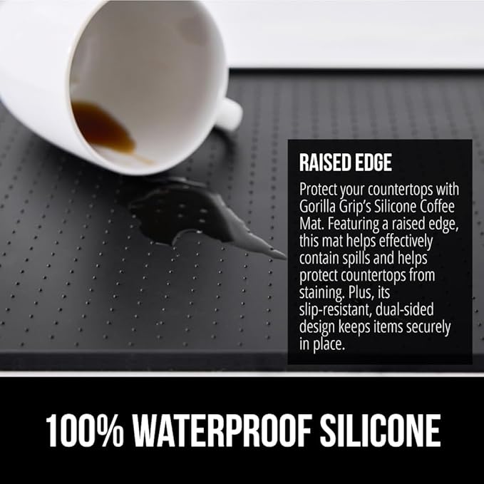 GORILLA GRIP Silicone Coffee Mat, Espresso Machine Bar Accessories, Keep Kitchen Counters Clean, Stays in Place, Waterproof and Heat Resistant Dish Drying Mats, Home Decor Essentials, 10x14, Black