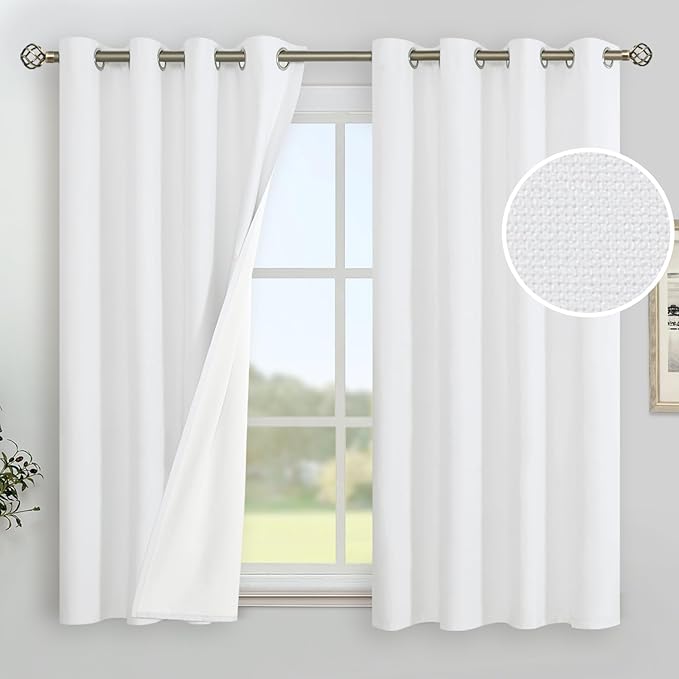 YoungsTex White Linen Blackout Curtains 54 Inch Length for Bedroom, Grommet Thermal Insulated Faux Linen Full Room Darkening Drapes with White Liner Light Blocking, 2 Panels, 52 X 54 Inch