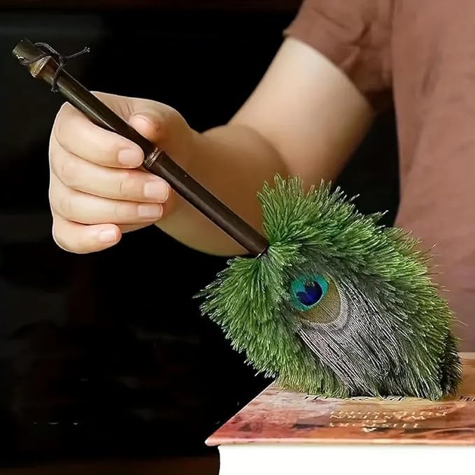 Peacock Feather Duster with Purple Bamboo Handle,Mini Decorative Cleaning Tool for Delicate Surfaces, Antiques, Party Props & Small Spaces Reusable, Lightweight & Aesthetic Gift