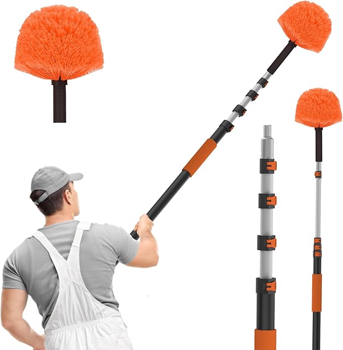 36FT Reach Cobweb Duster with Extension Pole, High Ceiling Long Duster with 7-30FT Telescoping Pole, Spider Web Brush for Indoor Outdoor Use