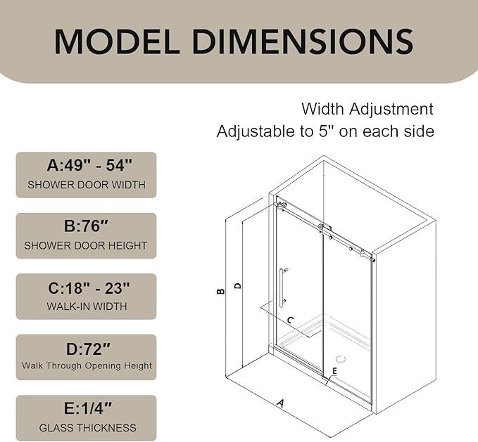 49-54” W x 76" H Single Sliding Shower Door, Frameless Shower Door with Explosion-Proof Film and Nano Coating, 1/4” (6MM) SGCC Tempered Glass, Stainless Steel Hardware, Brushed Nickel