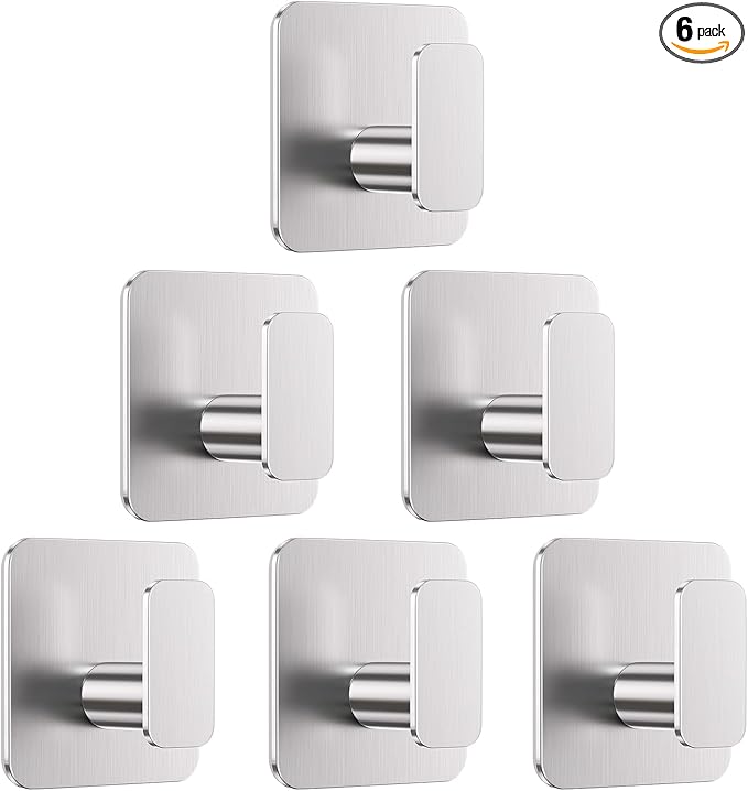 Silver Hooks for Hanging Heavy Duty, Adhesive Hooks for Shower, Bathroom, Kitchen, Robe, Towel, Coat, Waterproof & Rustproof Hook for Walls No Damage, Sticky Wall Towel Hooks - 6 Pack