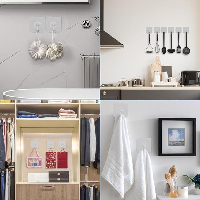 24 PCS Self Adhesive Hooks for Hanging - 33lbs Max, Transparent Stick on Hooks for Coat & Towel - Sticky Hooks for Hanging Heavy Duty Picture, No Damage Wall Hook for Bathroom, Kitchen, Ceiling & Key