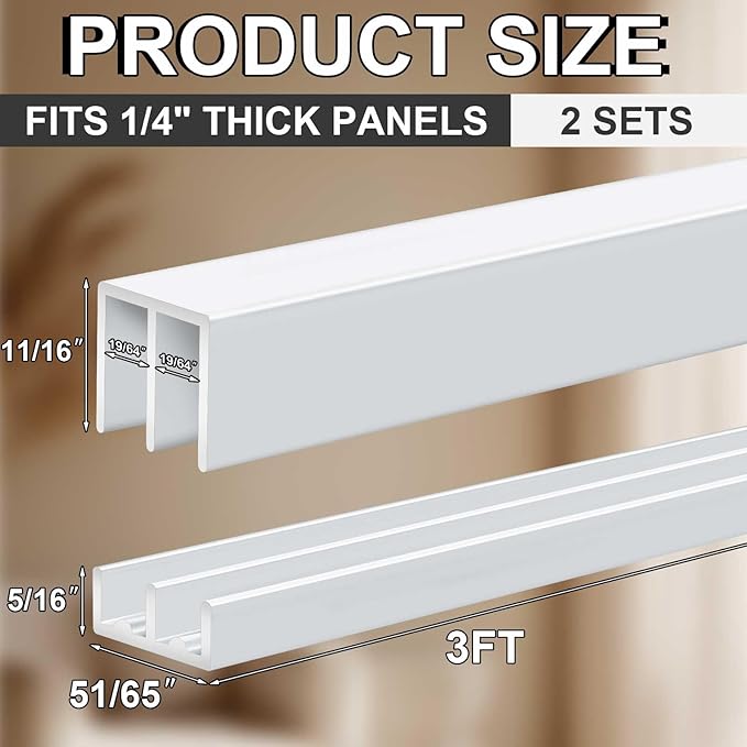 Landical 2 Set 3 ft White Aluminum Sliding Door Track Set for 1/4" Thick Panels Closet Glass Doors Cabinet Window Aluminum Alloy Metal Sliding Track