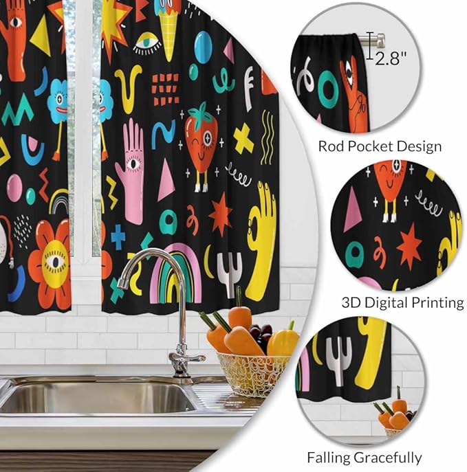 Cartoon Retro Symbol Kitchen Curtains Funny Crazy Abstract Shapes Hipster Music Modern Humor Short Tier Curtains for Bathroom Cafe Small Window Drapes Treatment 2 Panels (27.5x39 Inch)