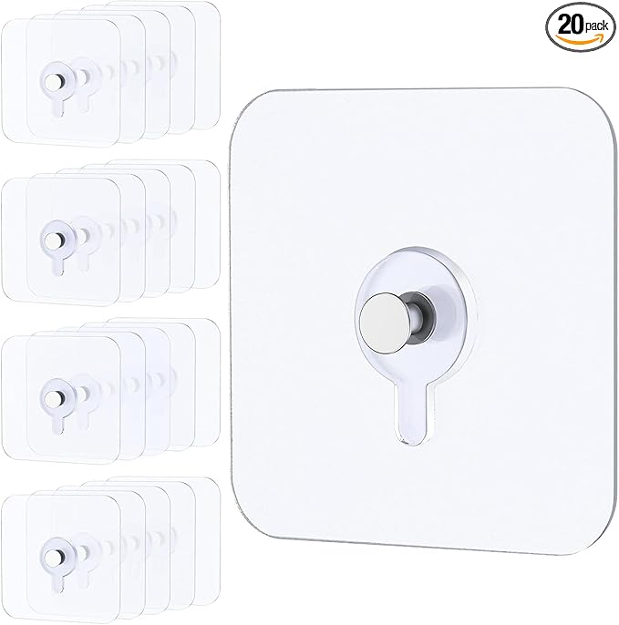 Uniclife 20 Pcs Self Adhesive Picture Hooks 40 lbs Load No Drill Screw Stickers 2.64" Heavy Duty Picture Hangers Without Nails Wall Hooks for Hanging Waterproof Frame Hangers Sticky Hooks for Bathroom