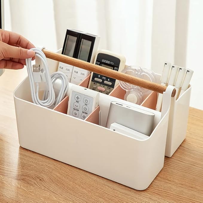 Large Plastic Portable Caddy with Handle, Storage Organizer Bin with Adjustable Dividers for Art Supplies, Crafts, Colored Pencils, Makeup Desk