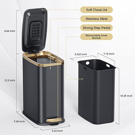 CEROELDA Small Bathroom Trash Can with Lid Soft Close-5L/1.3 Gal Slim Garbage Can-Metal Step Wastebasket-Rectangle Narrow Waste Bin for Office, Bedroom, Toilet, Live Room (Black)