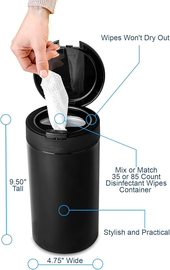 Disinfecting Wipes Dispenser - Push Button Decorative Holder for Standard Cleaning Wipes Container, Use in Kitchen Countertop, Bathroom, Classroom (Black)