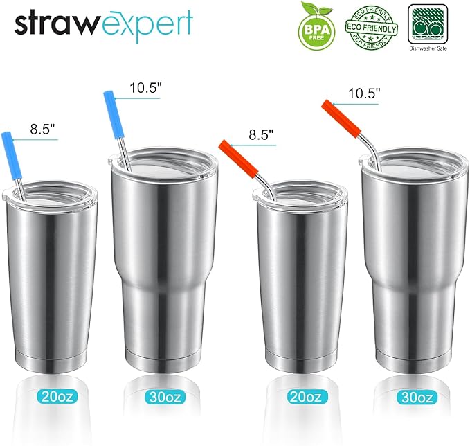 Set of 16 Reusable Stainless Steel Straws with Travel Case Cleaning Brush Silicone Tips Eco Friendly Extra Long Metal Straws Drinking for 20 24 30 oz Tumbler